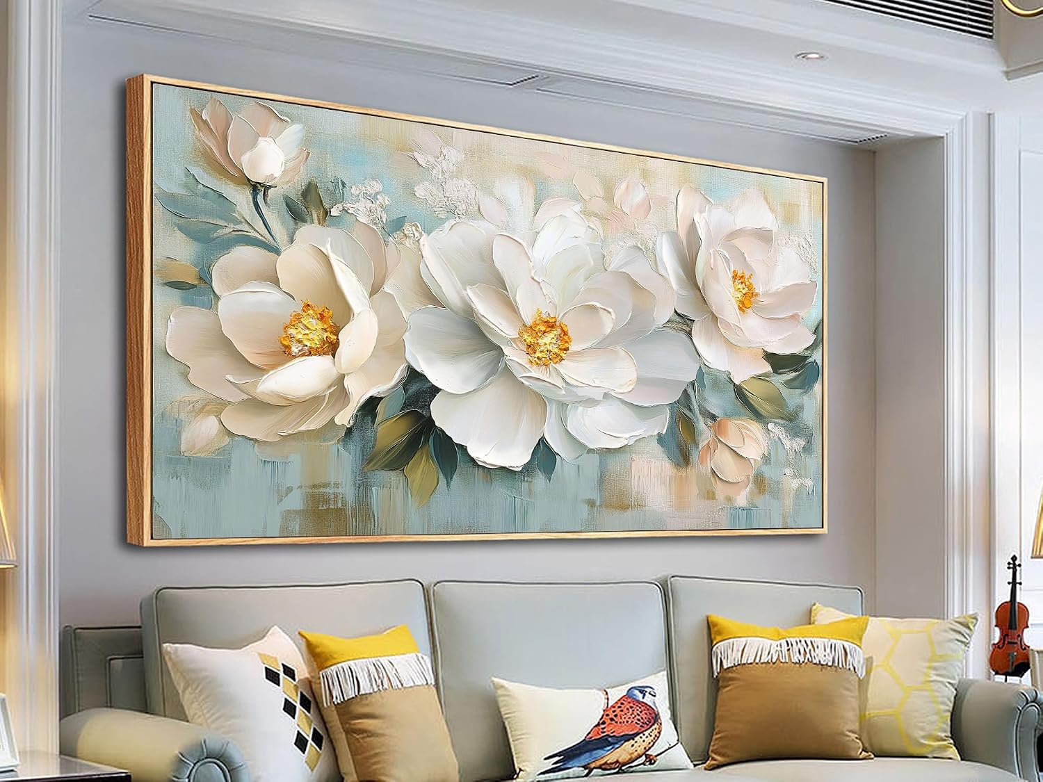 Enartly White Flowers Framed Wall Art for Living Room, 3D Textured Floral Canvas Painting Sage Florals Picture Artwork for Bedroom Dining Room Kitchen Home Office Wall Decor, 48'x24'