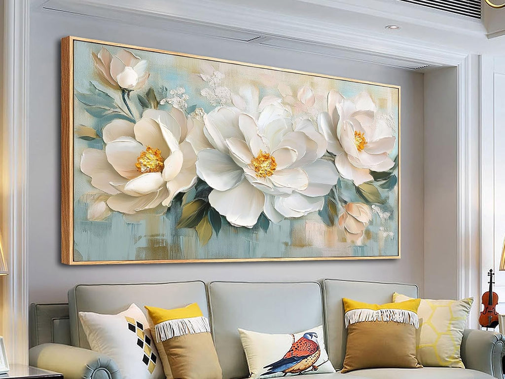 Enartly Extra White Flowers Framed Wall Art for Living Room, 3D Textured Floral Canvas Painting Sage Florals Picture Artwork for Bedroom Dining Room Kitchen Home Office Wall Decor, 58'x29'