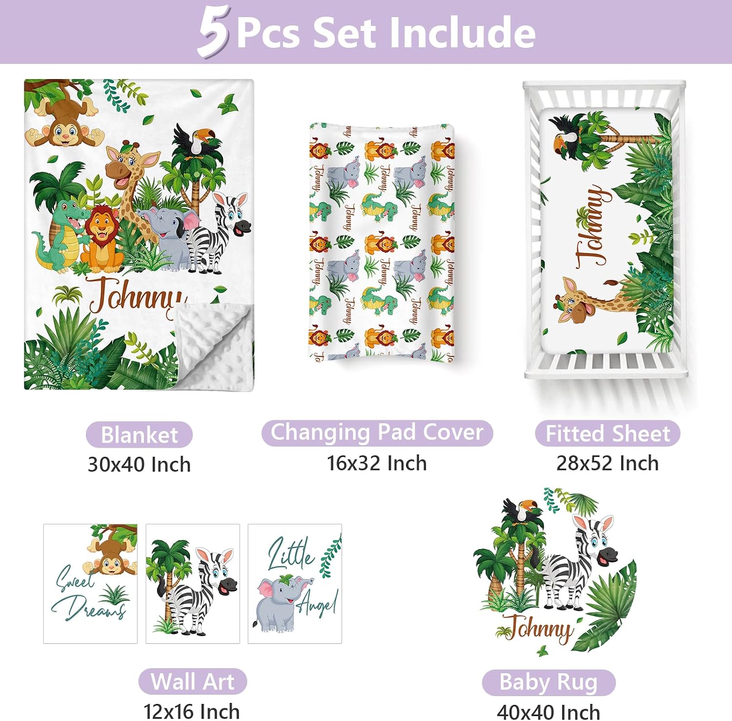 Personalized Baby Crib Bedding Set, 5 Pcs Custom Name Nursery Bedding Set for Girls Boys, Jungle Animals Baby Crib Set for Toddlers Infants, Double Layer Bedding Crib Sets Customized Gifts