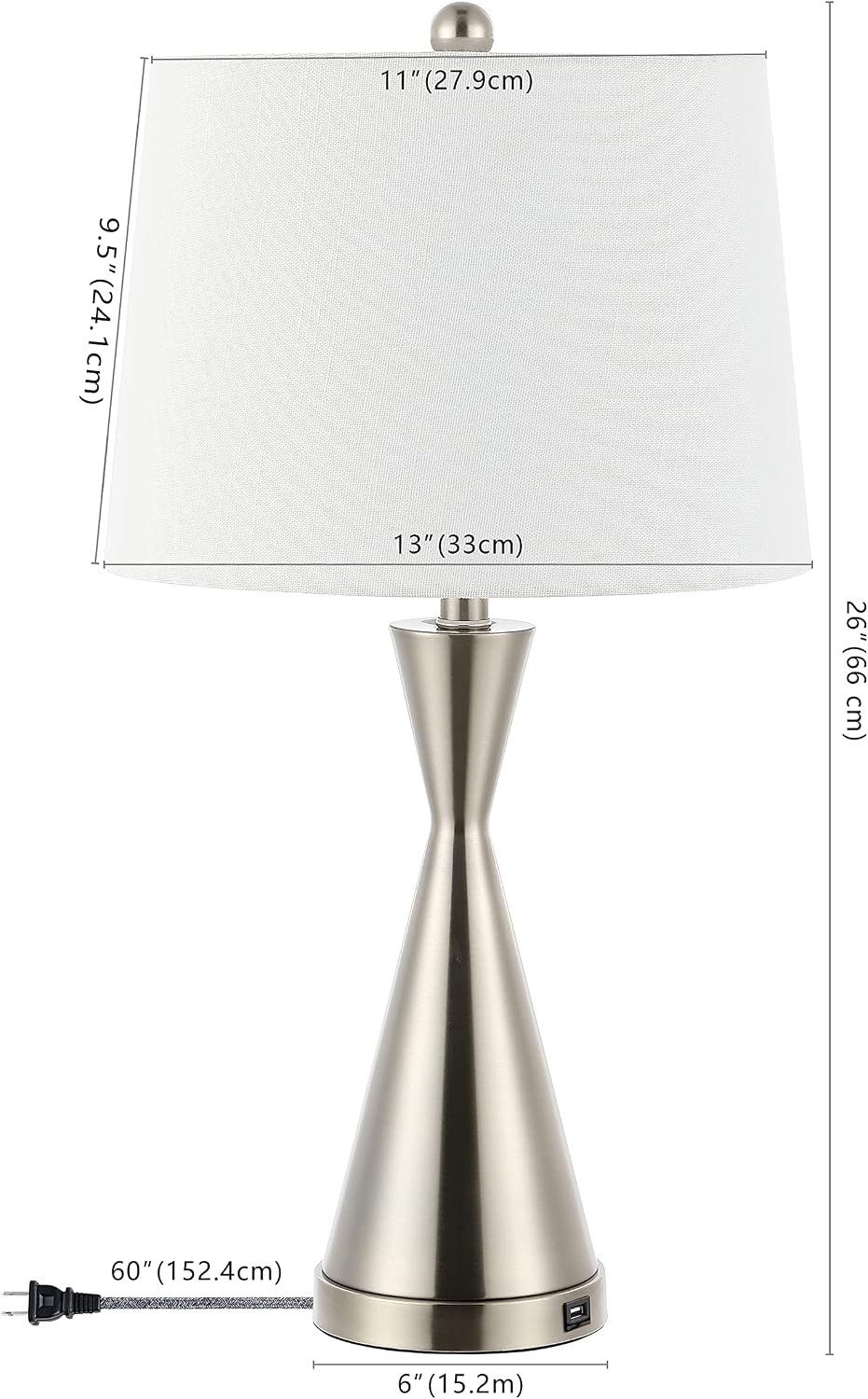 JONATHAN Y 26' Nickel Classic Iron LED Table Lamp with USB Port, Set of 2 for Bedroom, White Linen Shade, Farmhouse Midcentury Modern Bedside Nightstand Lamps, LED Bulbs JYL4046A-SET2