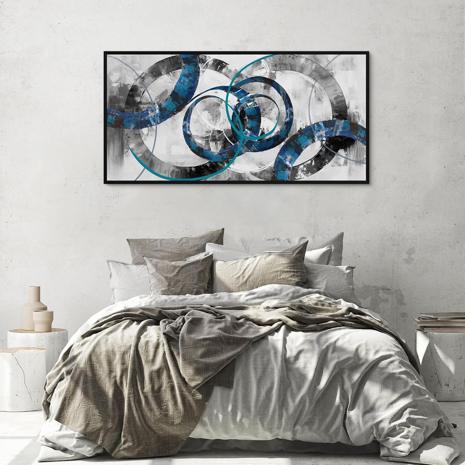 XLSJERST Wall Art for Living Room - Abstract Wall Decor Blue and Gray Canvas Picture Print Framed Artwork for Bedroom Office Home Decoration - 48x24 Inches