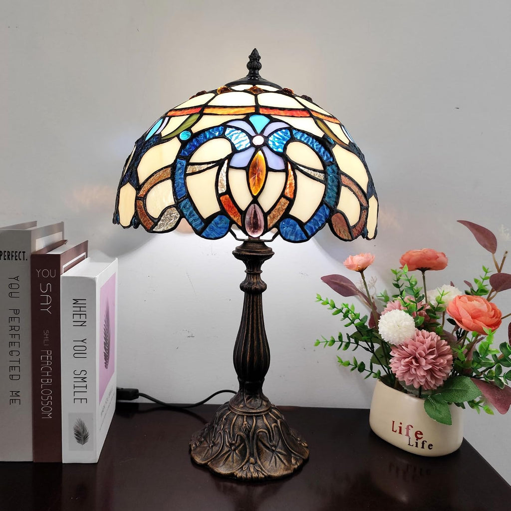 Tiffany Style Table Lamp Yellow Baroque Style Stained Glass Lamp, 12 Inch Antique Bedside Nightstand Light Home Decor for Bedroom Living Room, Included LED Bulb