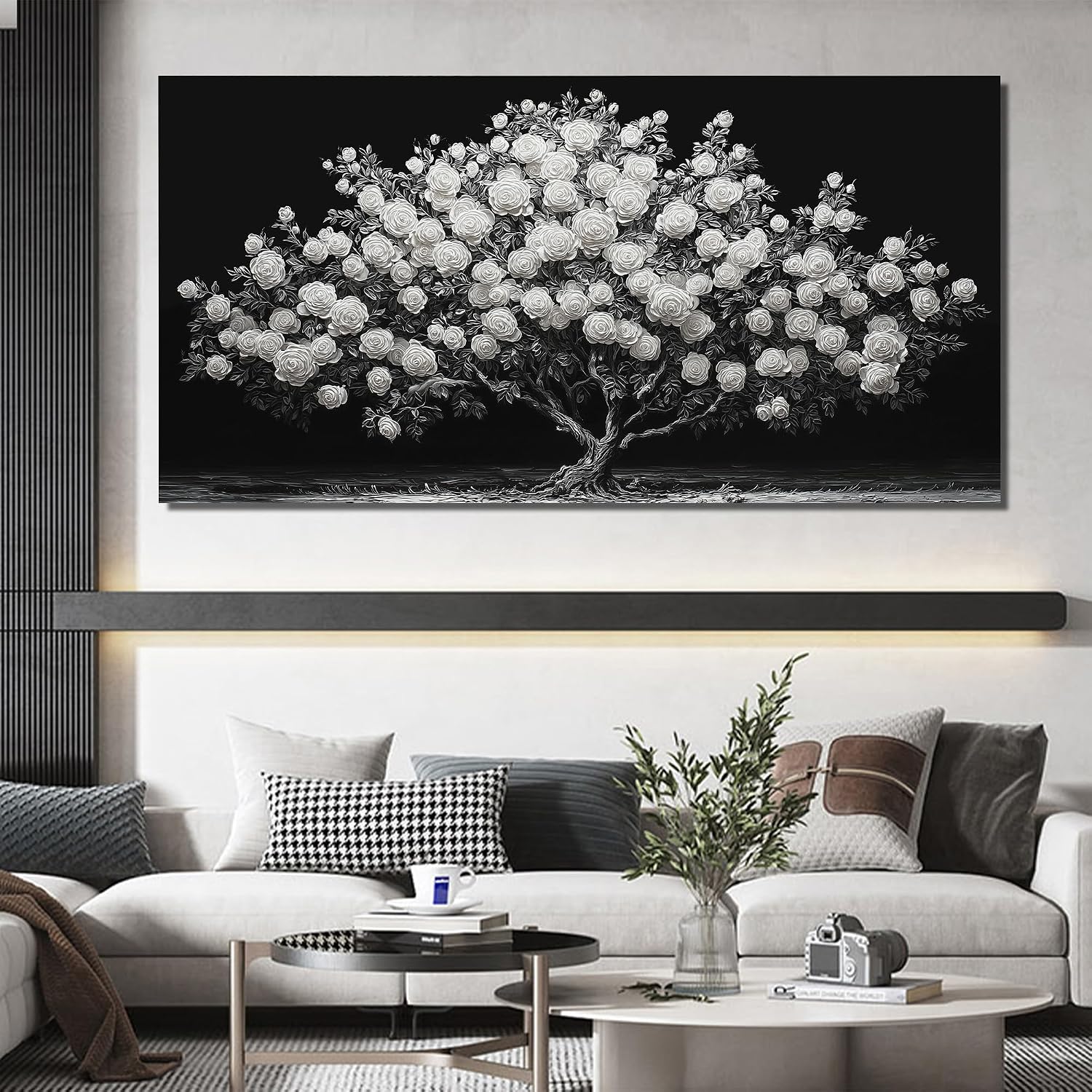 JuhaiArt Tree Painting Canvas Bedroom Black Poster Floral Wall Decor White Rose Wall Picture for Living Room Home Office 29'x 59'