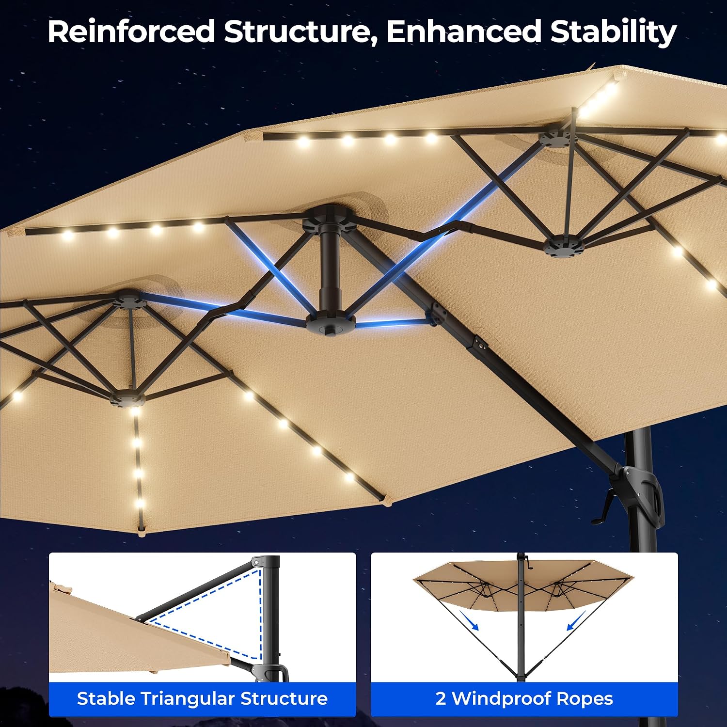 HOMSHADE 15FT Cantilever Double-Sided Umbrella with Solar Light and Base, Rectangle Oversized Offset Patio Umbrellas, Extra Large Outdoor Umbrella for Pool, Deck, Garden (Beige)