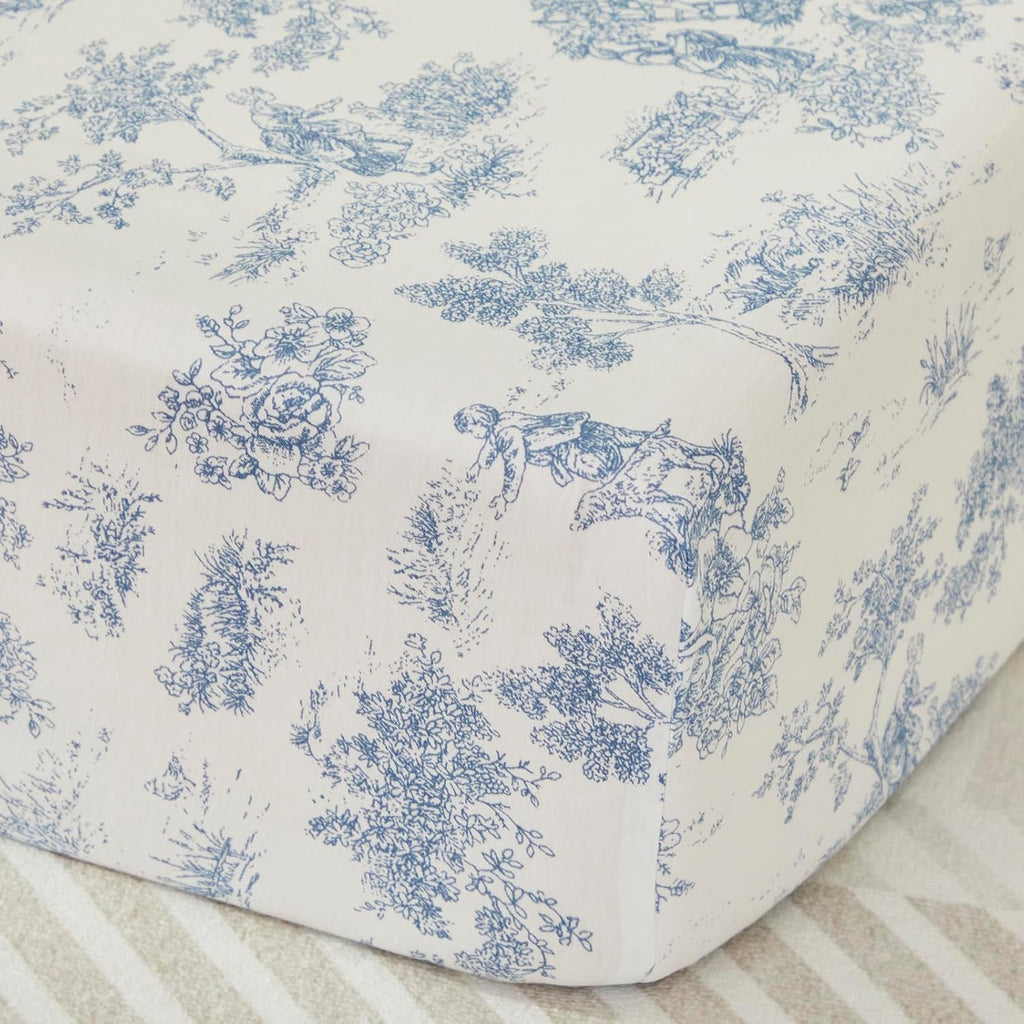 Brandream French Country Toile Crib Bedding Set for Girls Vintage Blue Toile Floral Print 100% Cotton Baby Girl Nursery Bedding Collection - Ruffles Quilt,Toile Crib Sheet,Crib Bed Skirt 3 Pieces