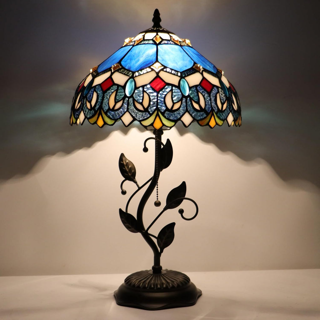Tiffany Table Lamp, Stained Glass Style Desk Lamp, 12X12X19 Inch,Bedside Reading Light, Metal Leaf Base(Blue Baroque)