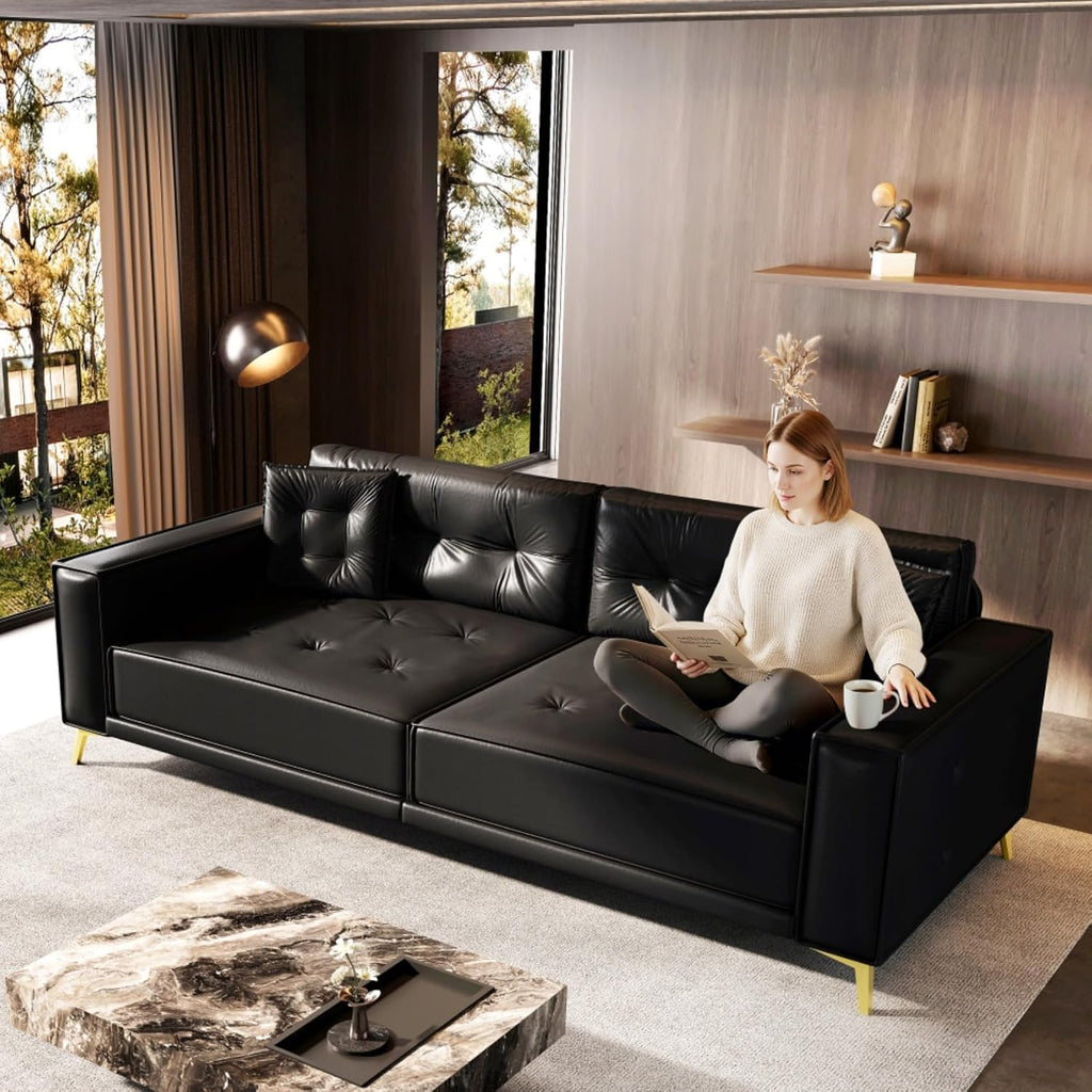 92.1' Chesterfield 3 Seater Pull Out Sofa Bed King Size with 2 Pillows and Golden Legs, PU Leather 3-in-1 Convertible Sleeper Cloud Couch with Tufted Backrest, Black