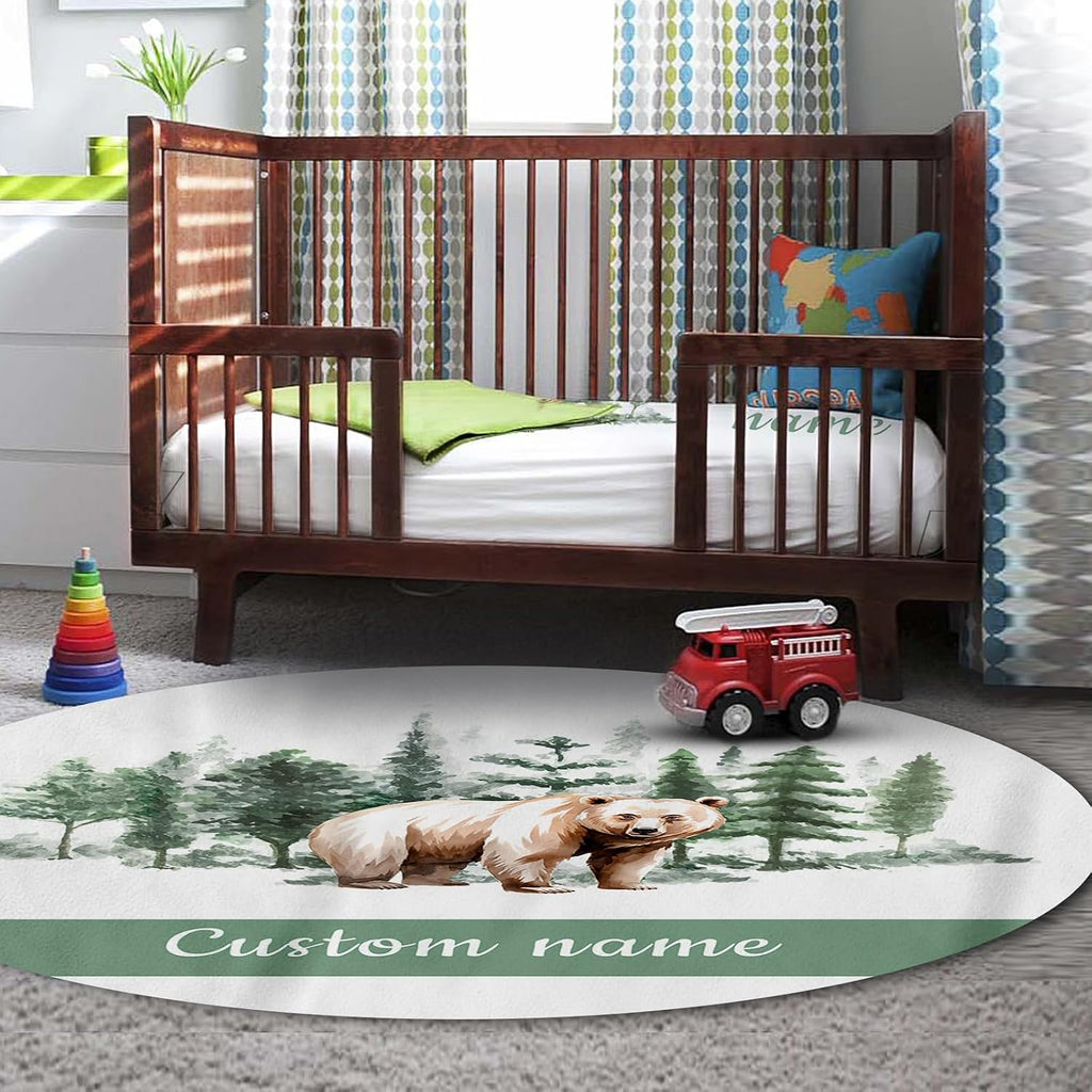 Personalized Baby Crib Bedding Set, 5-Piece Brown Bear Design Baby Crib Sets with Custom Name, Toddler Double Layer Blanket Fitted Sheets Changing Pad Cover Rug Wall Art Set, Charming Nursery Decor