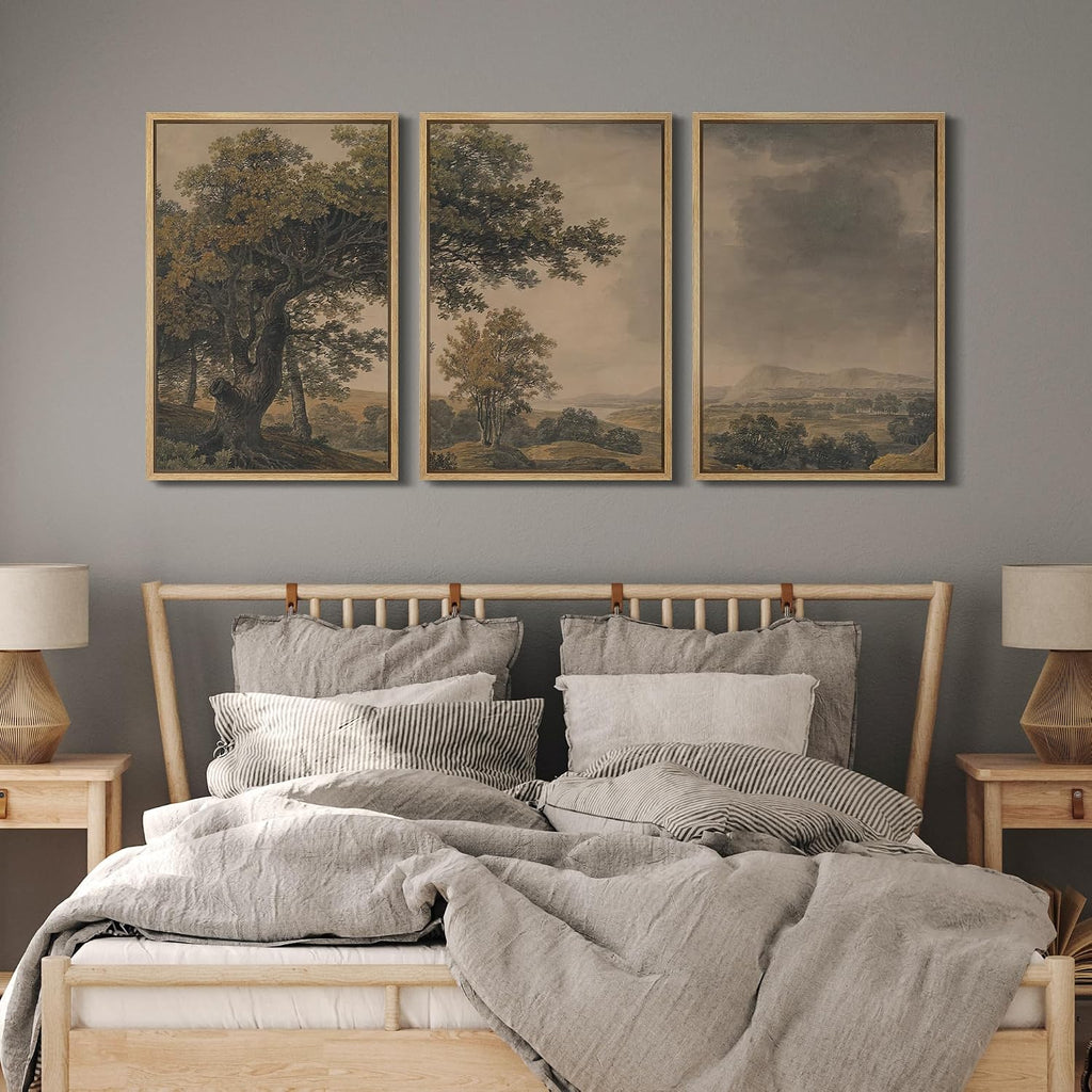 MUDECOR Framed Wall Art Print Set Vintage Landscape Rustic Tree and Mountain View Illustrations Decorative Colorful for Living Room, Bedroom, Office - 24'x36'x3 Natural