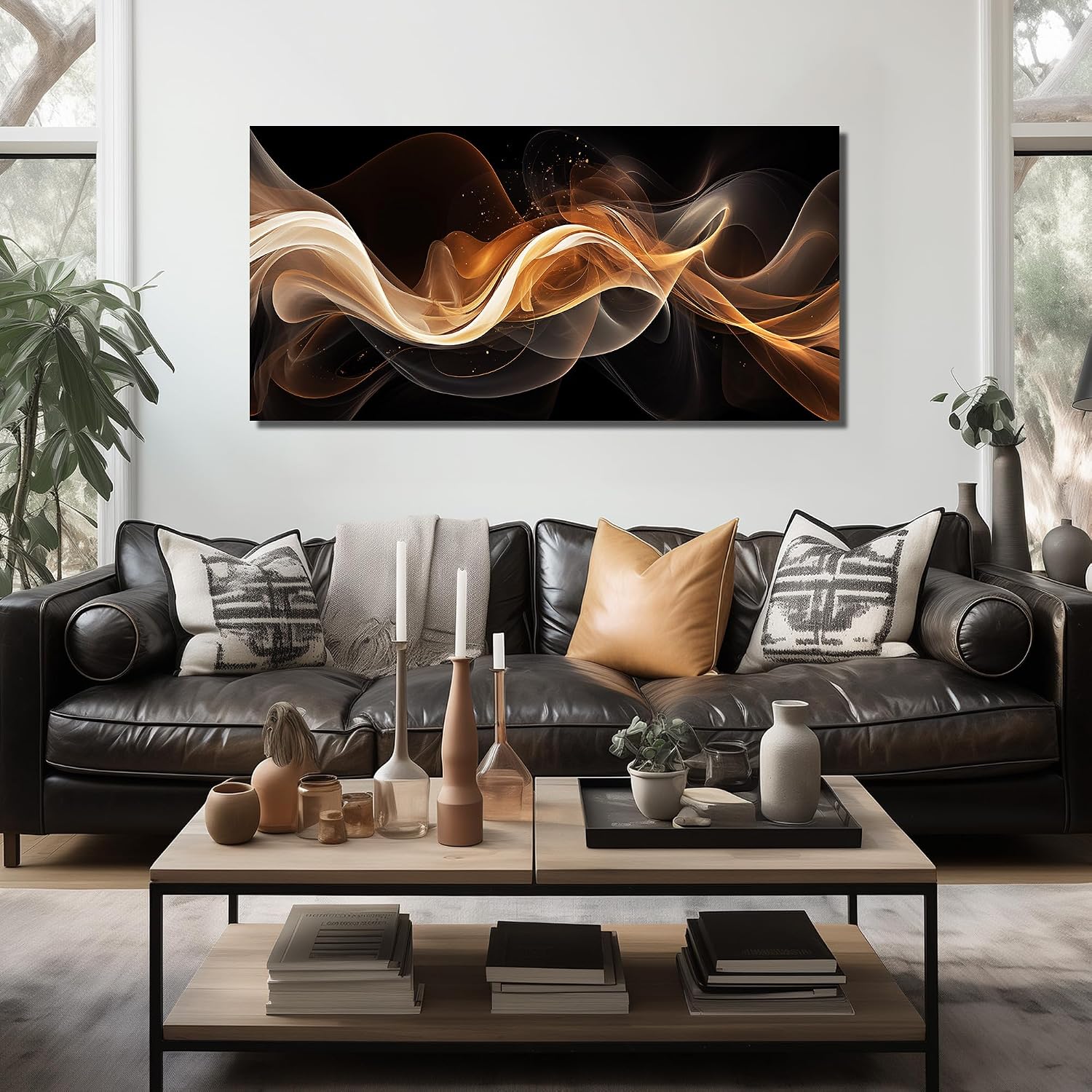 JuhaiArt Abstract Art Prints Bedroom Gold Wall Decor Black Wall Picture for Living Room Home Office 29' x 59' Lines Poster Artwork