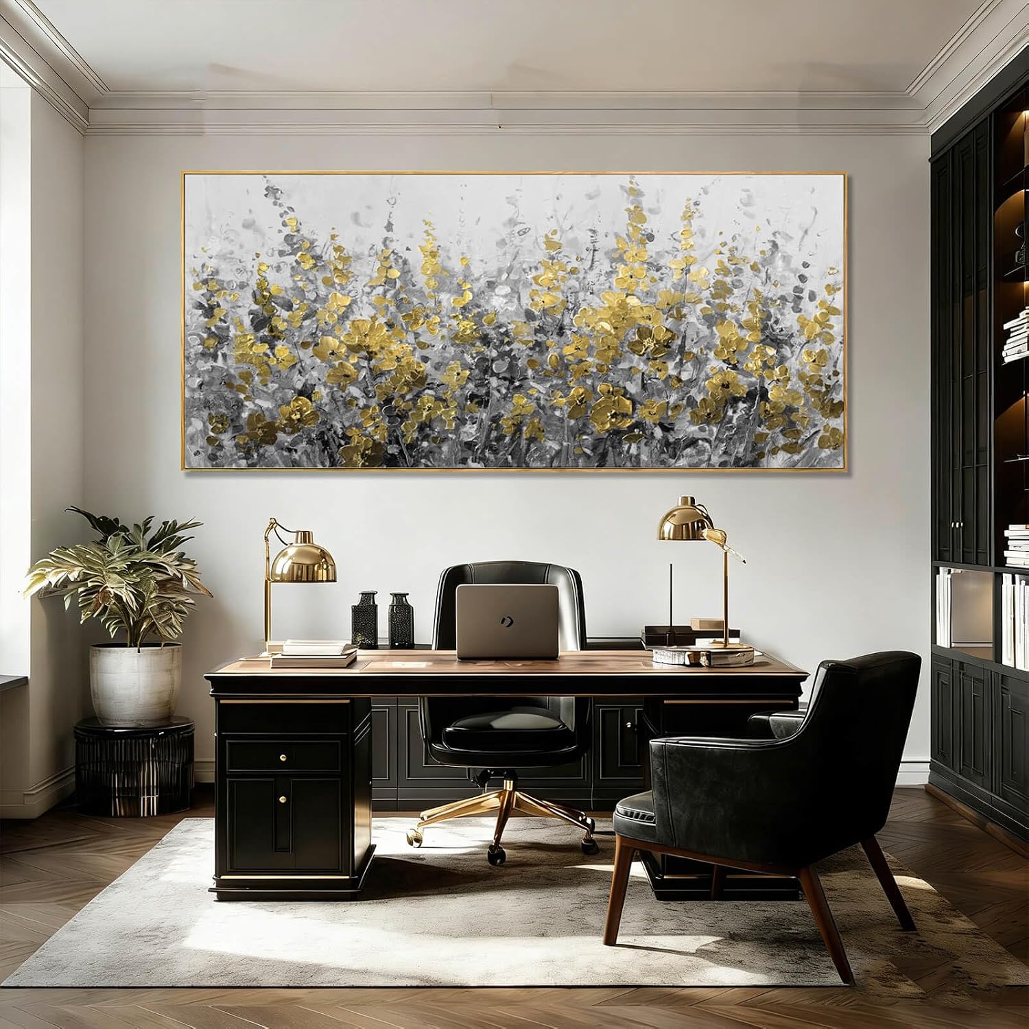 WINKAILIN Black Gold Wall Art Abstract Oil Flower Canvas Grey Painting Modern 32x70 Plant Artwork with Frame for Living Room Office Decoration