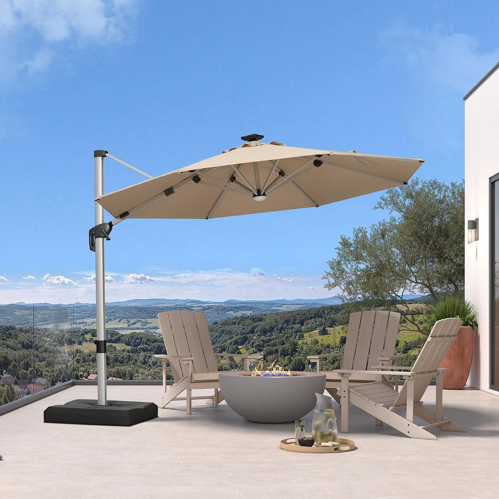 PURPLE LEAF Cantilever Umbrella with base 10ft Outdoor Round Patio Solar Powered LED Umbrella with 360-degree Rotation for Garden Deck Pool Patio, Beige