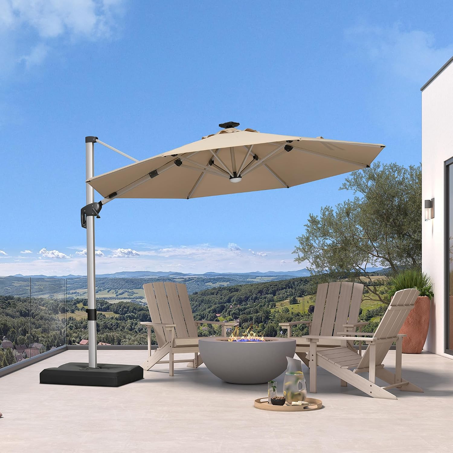 PURPLE LEAF Cantilever Umbrella with base 10ft Outdoor Round Patio Solar Powered LED Umbrella with 360-degree Rotation for Garden Deck Pool Patio, Beige