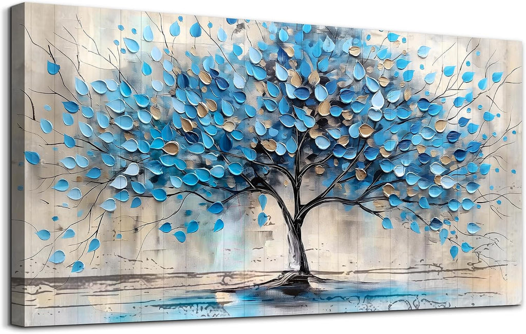 Lapremoly Large Wall Art For Living Room Framed Wall Decor For Bedroom Office Decor Textured Abstract Wall Pictures Artwork Blue Tree Painting Panoramic Landscape Prints Home Decorations 30x60 In