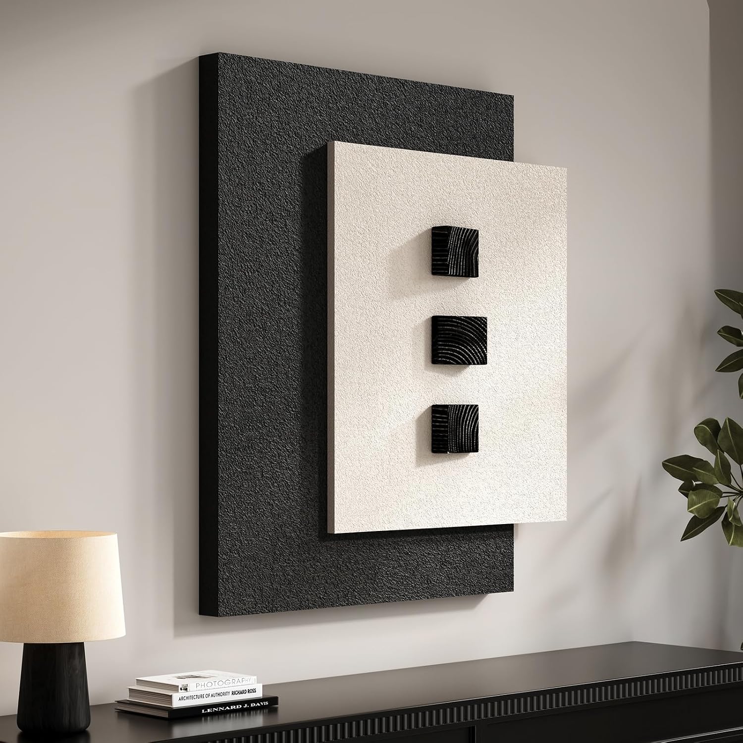Cuspin Large 3D Wood Wall Art for Living Room, Minimalist Black and White Wooden Blocks Artwork for Walls, Modern Textured Paintings Wall Decor for Bedroom Dining Room Office Hallways