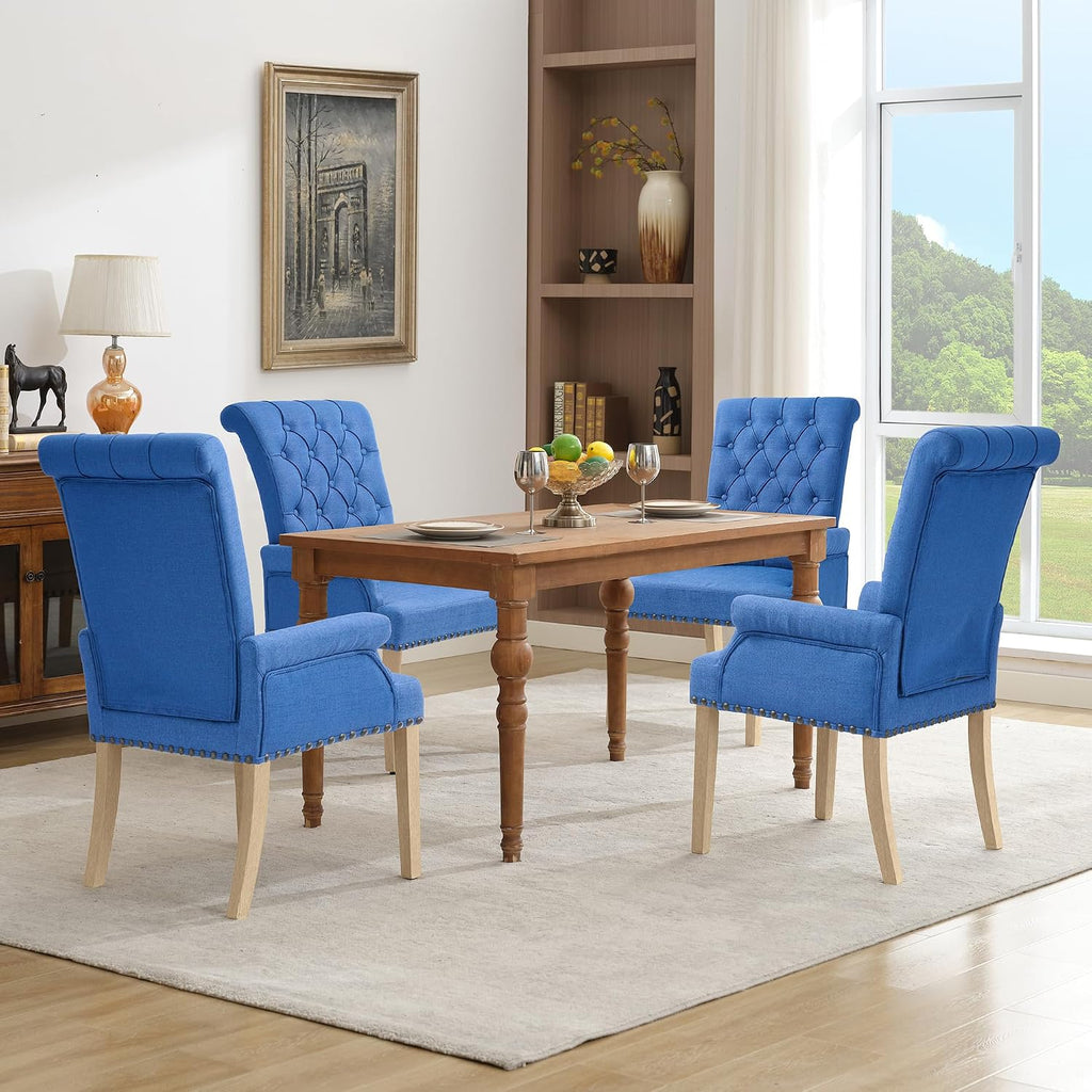 LOULENS Fabric Dining Chairs, Upholstered Tufted Armrest Chairs, Accent Chairs with Nailhead Trim, Solid Wood Legs for Home, Kitchen Living Room, Dark Blue
