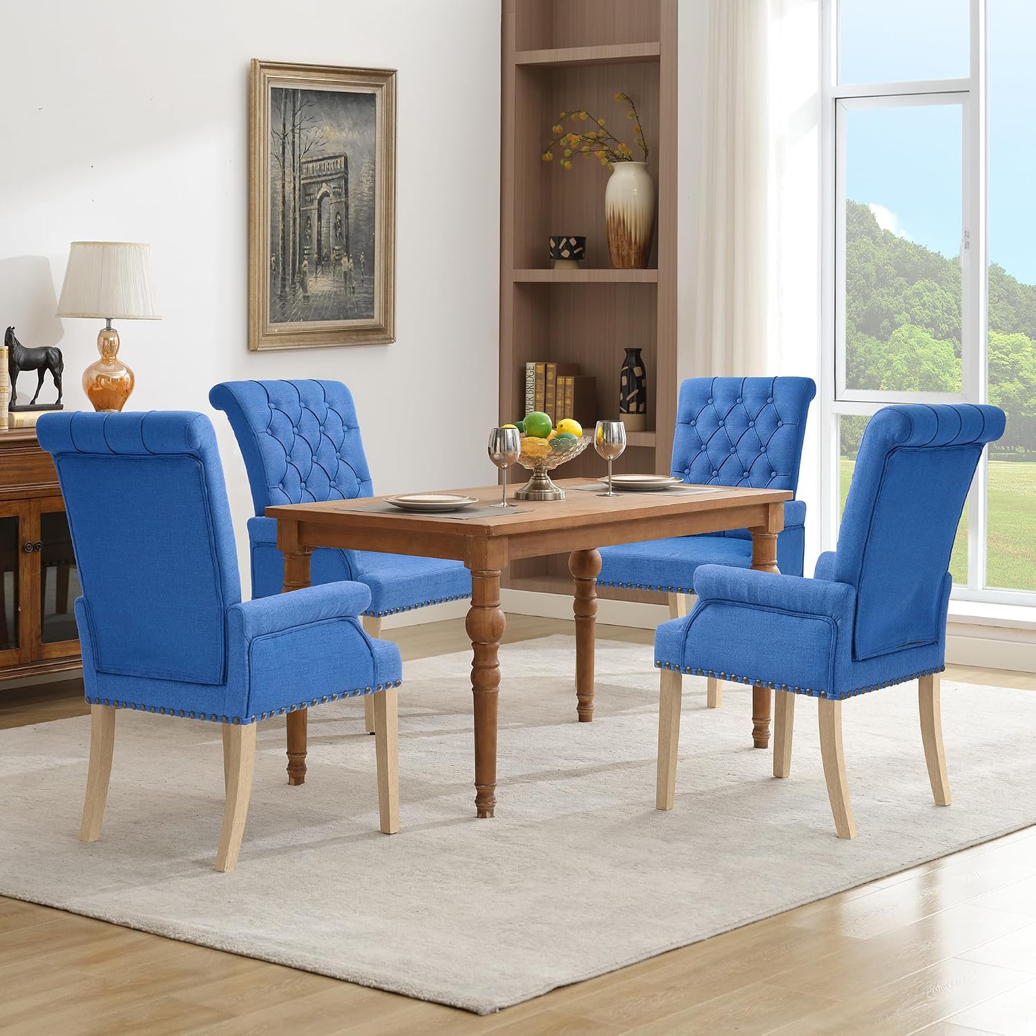LOULENS Fabric Dining Chairs, Upholstered Tufted Armrest Chairs, Accent Chairs with Nailhead Trim, Solid Wood Legs for Home, Kitchen Living Room, Dark Blue