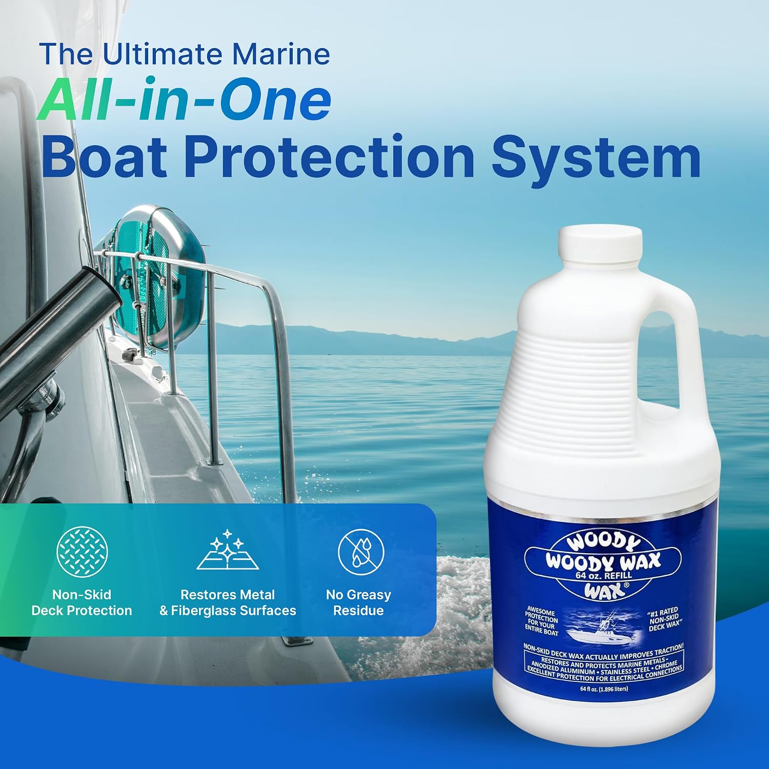 Woody Wax Boat Protection Refill Pack, Non-Skid Deck Wax & Professional Metal Restorer, All-In-One Marine Protection for Decks, Hulls & Towers; No-Buff Formula Against Corrosion & Saltwater, 64 oz