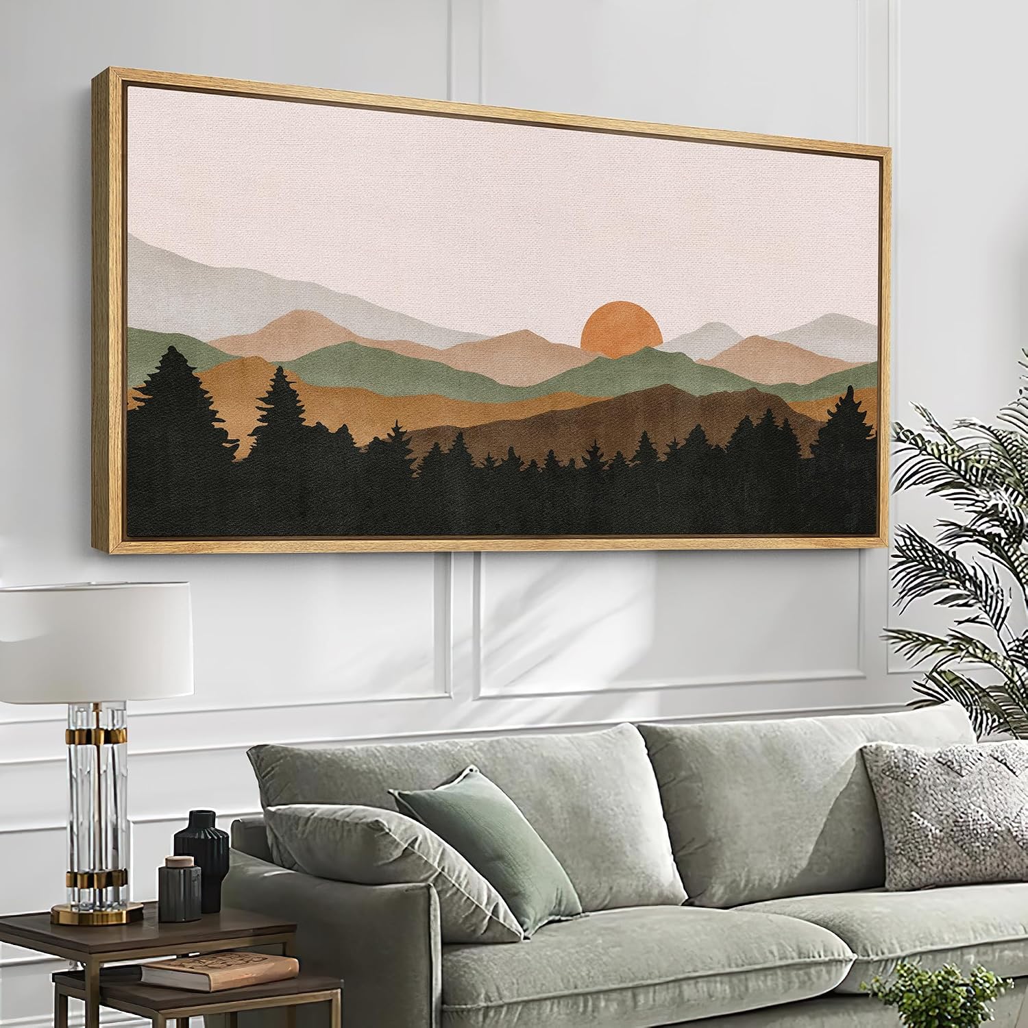 SIGNFORD Extra Large Framed Canvas Print Wall Art Abstract Mountain Contours Sunset Landscape Illustrations Modern Art Relax/Calm Warm for Living Room, Bedroom, Office - 60'x30'