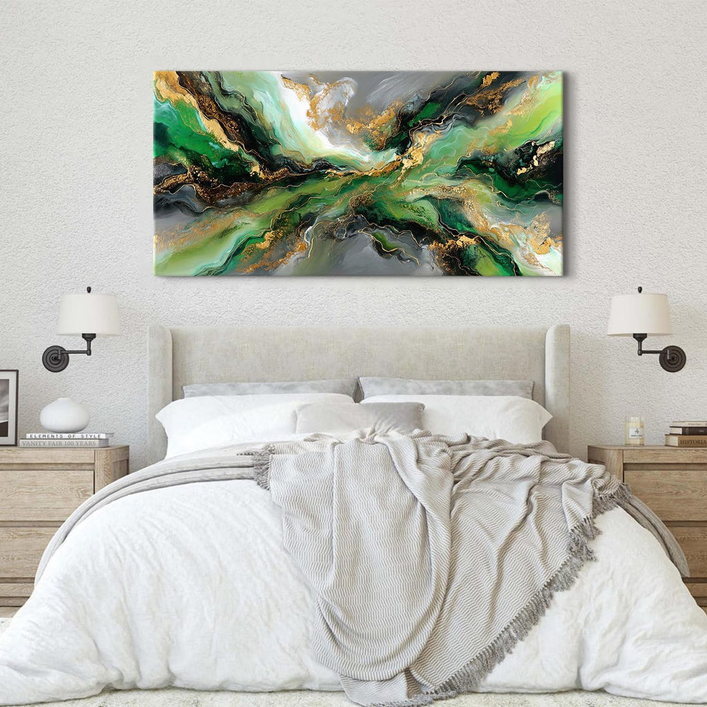 Emerald Green Abstract Wall Art Green and Gold Wall Decor Marble Canvas Picture for Living Room Above Couch Artwork Decorations Watercolor Liquid Textured Ink Prints Painting Poster Decor 75x147cm