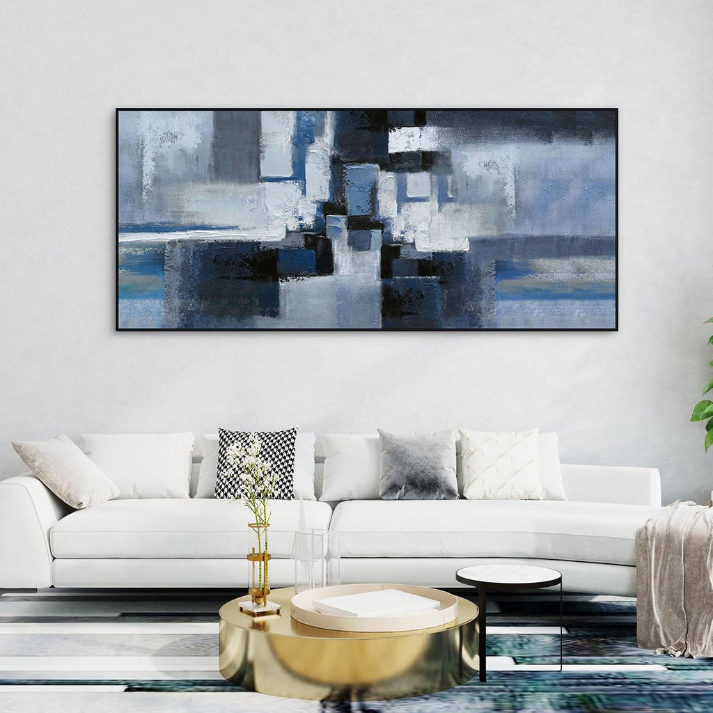 KLAKLA Abstract Wall Art for Living Room - Large Framed Canvas Blue and Black Pictures Artwork for Walls Bedroom Office Modern Wall Decor - 70x31 Inches