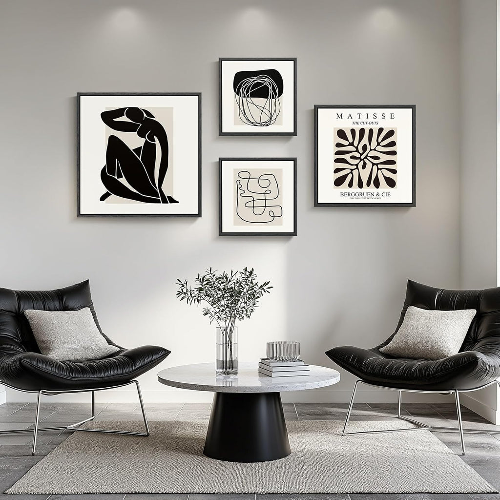 Framed Matisse Abstract Wall Art for Living Room, Set of 4 Piece Black and White Modern Canvas Artworks, Mid Century Neutral Beige Minimalist Painting Prints for Bedroom Hallway Office Wall Decor