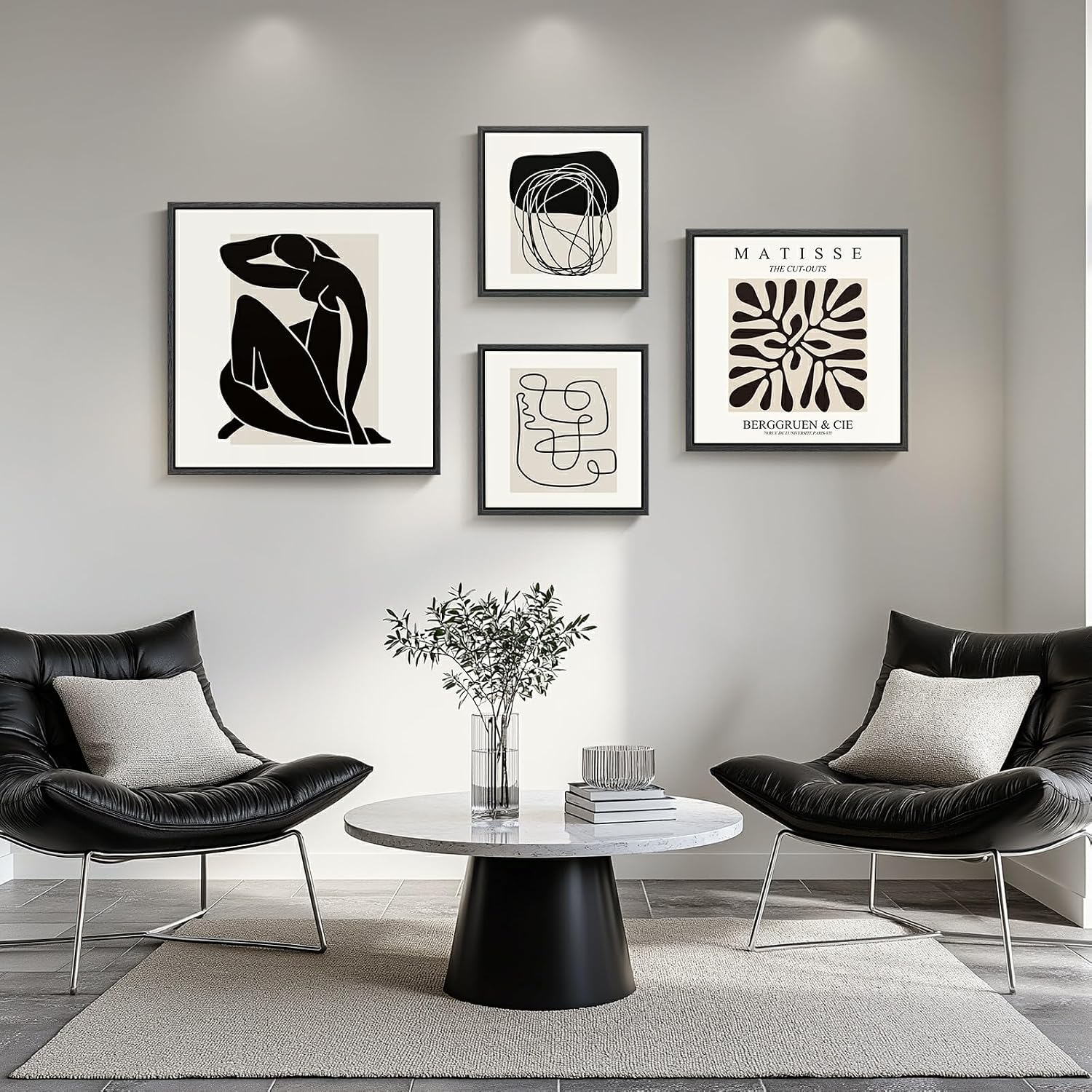 Framed Matisse Abstract Wall Art for Living Room, Set of 4 Piece Black and White Modern Canvas Artworks, Mid Century Neutral Beige Minimalist Painting Prints for Bedroom Hallway Office Wall Decor