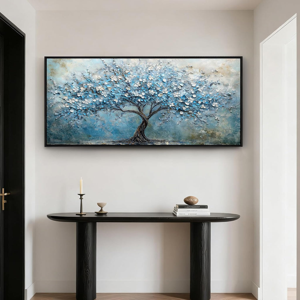 crmotu Tree of Life Wall Art, Large Wall Decor Living Room, Black Framed Wall Art, Cherry Blossom Tree Painting Prints, Modern Japanese Aesthetic Artwork, Blue Big Pictures for Office Hotel 32'x71'