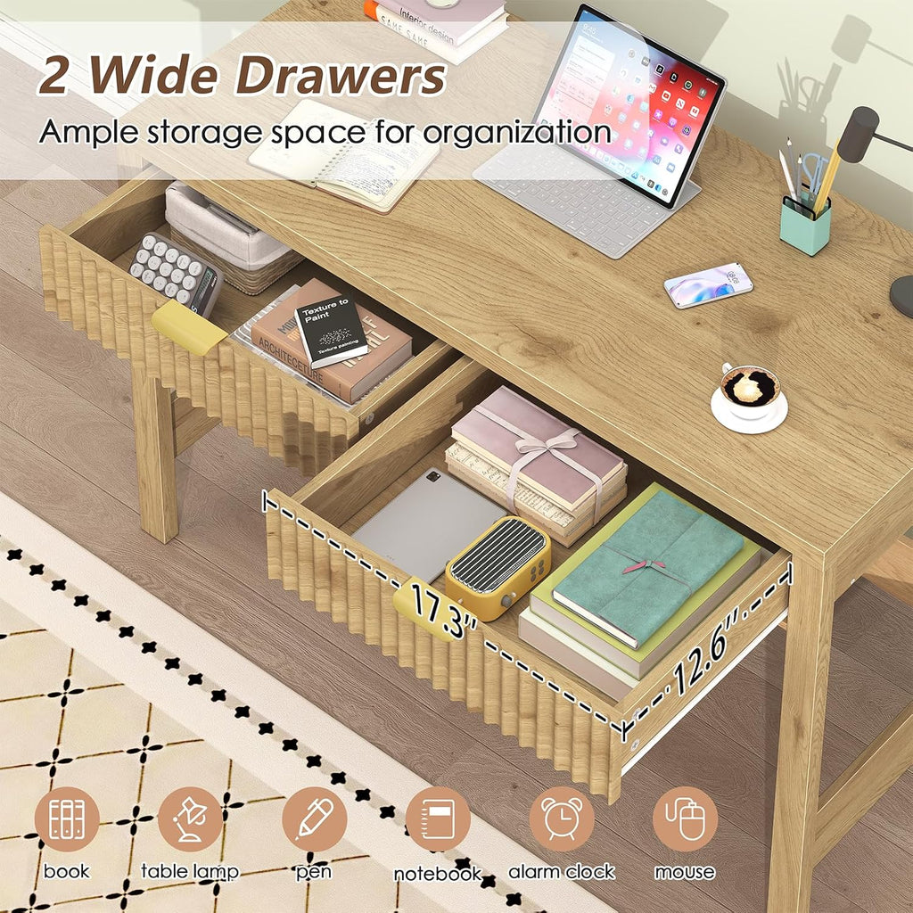 YOMILUVE Fluted Computer Desk with 2 Drawers, 39 Inch Small Computer Desk with Storage, Compact Writing Study Desk for Small Spaces