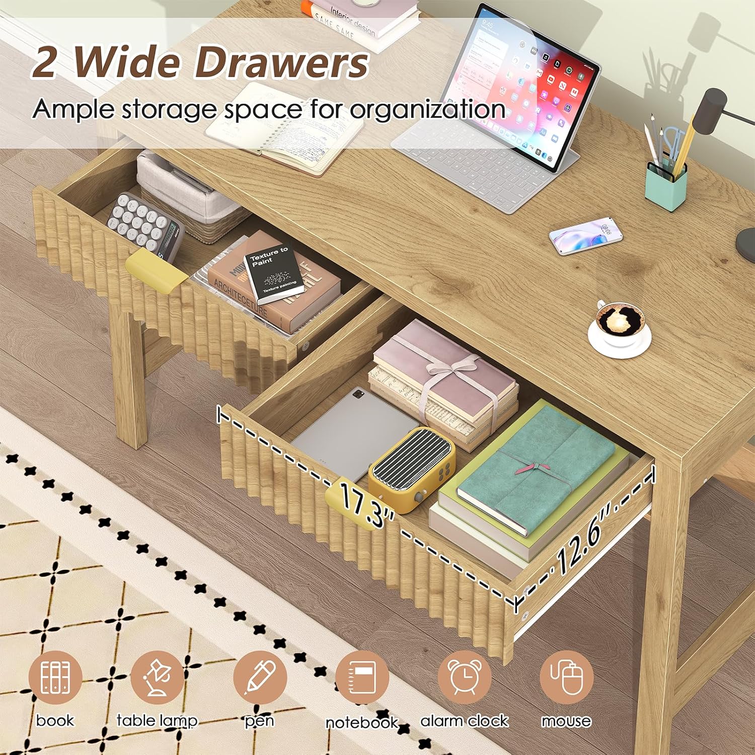 YOMILUVE Fluted Computer Desk with 2 Drawers, 39 Inch Small Computer Desk with Storage, Compact Writing Study Desk for Small Spaces