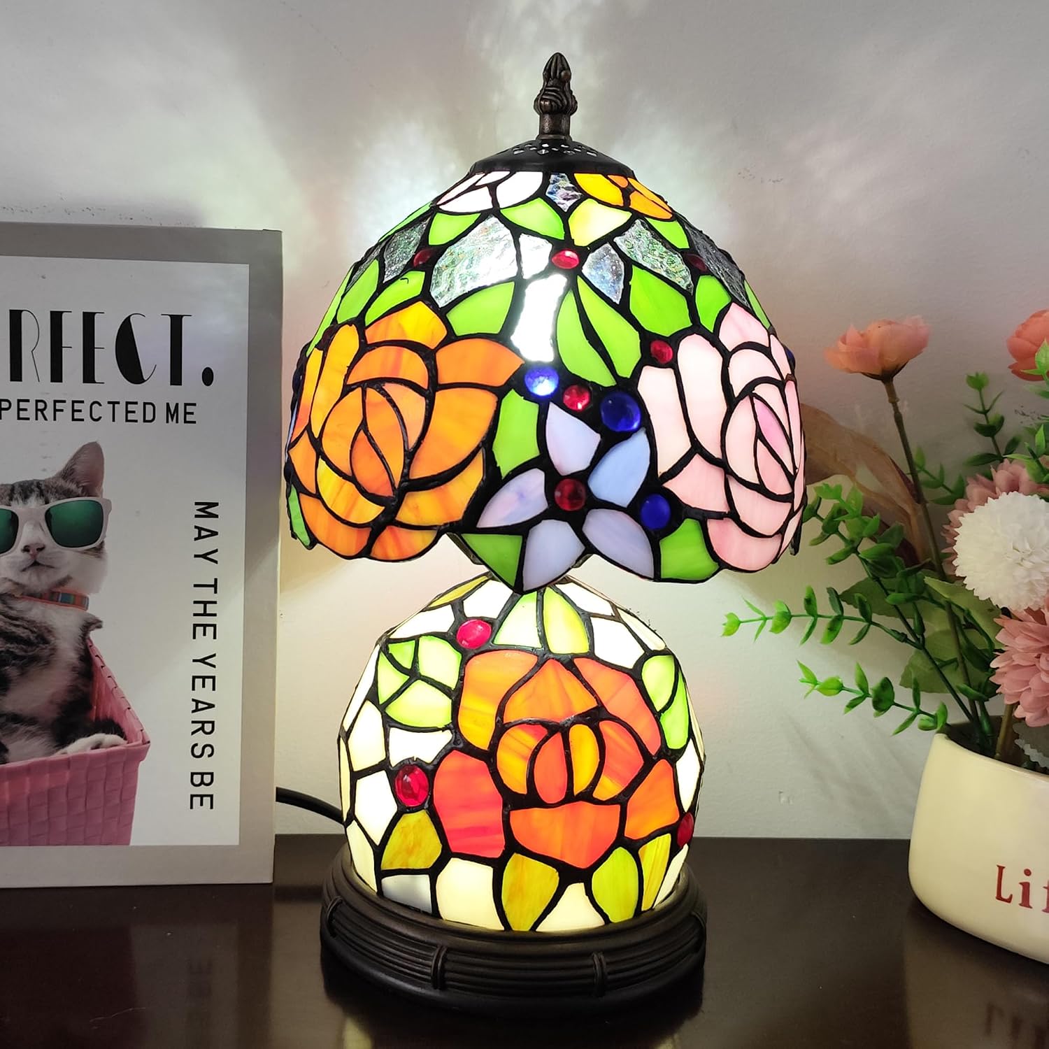 Tiffany Table Lamp Small Yellow Pink Roses Stained Glass Lamp Mother-Daughter Style Desk Reading Light with 2 LED Bulbs for Bedroom Living Room Office Decor