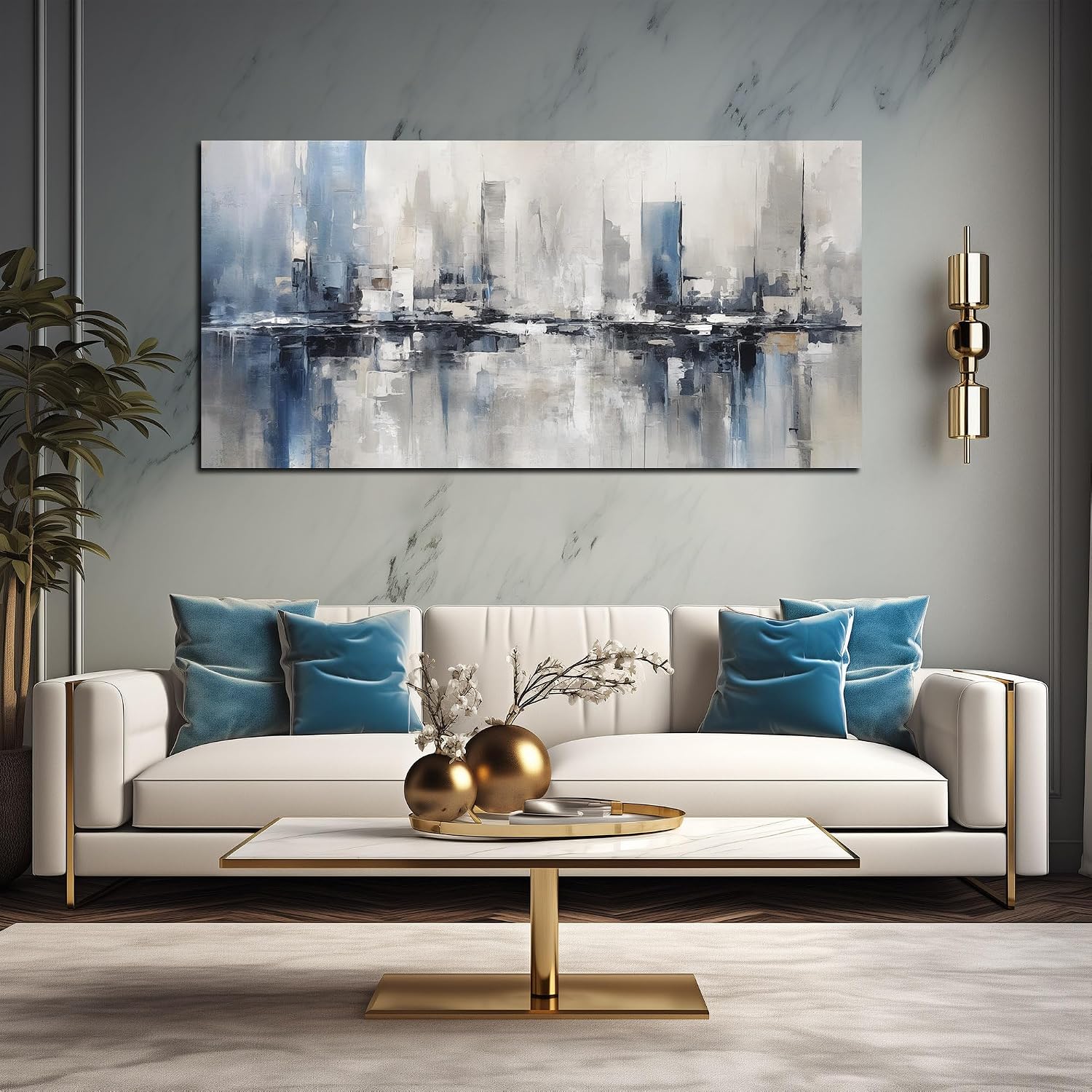 Blue Gray Abstract Cityscape Canvas Wall Art Decor Prints Large Canvas Wall Art for Living Room Modern Artwork Canvas Painting Wall Decor for Bedroom Home Office Wall Art Decor 29x58 inch