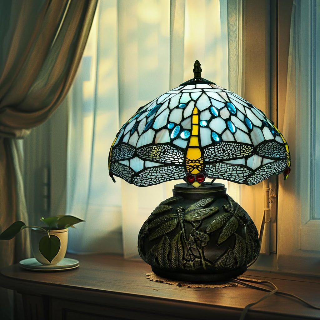 12 Inch Dragonfly Tiffany Lamp with Remote Control, Adjustable Brightness and Color Temperature, E26 Bulb, 9W, Ocean Blue Dragonfly Mushroom Stained Glass Bedside Lamp