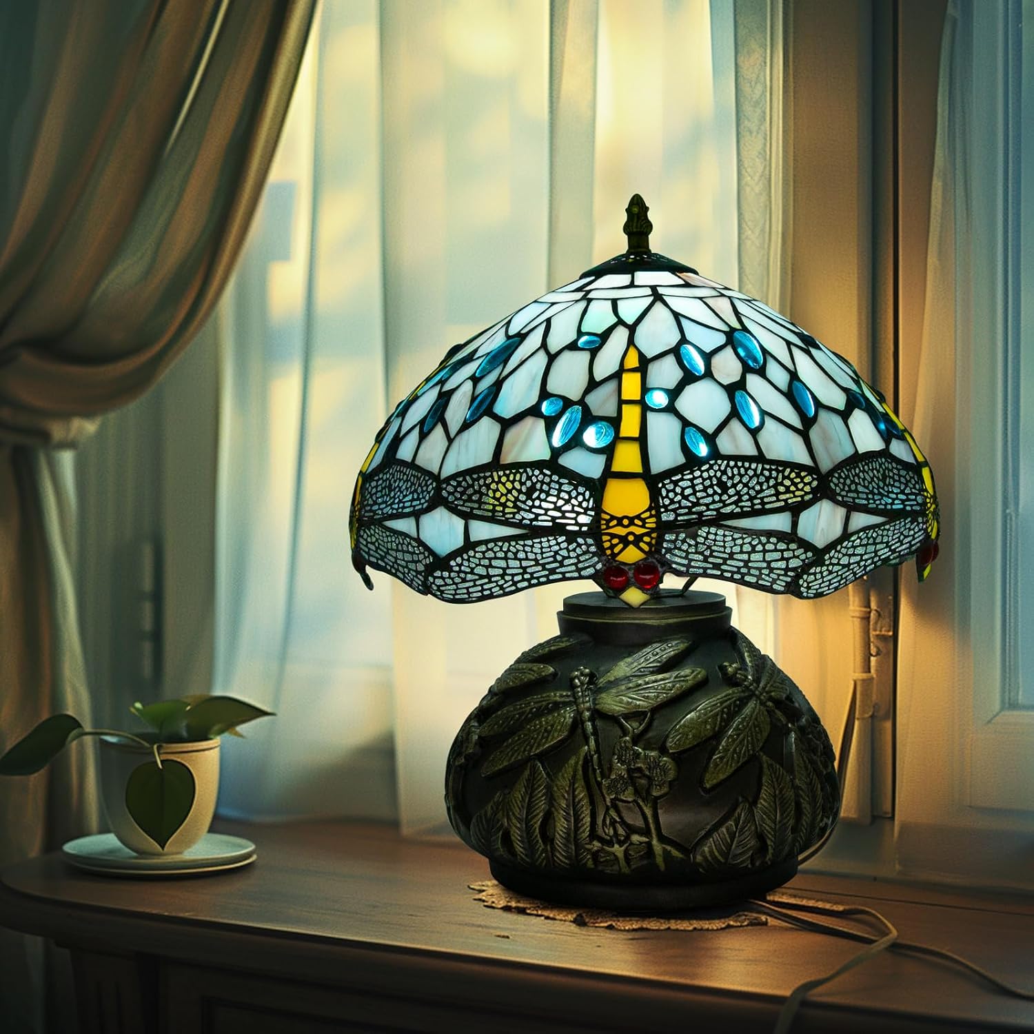 12 Inch Dragonfly Tiffany Lamp with Remote Control, Adjustable Brightness and Color Temperature, E26 Bulb, 9W, Ocean Blue Dragonfly Mushroom Stained Glass Bedside Lamp