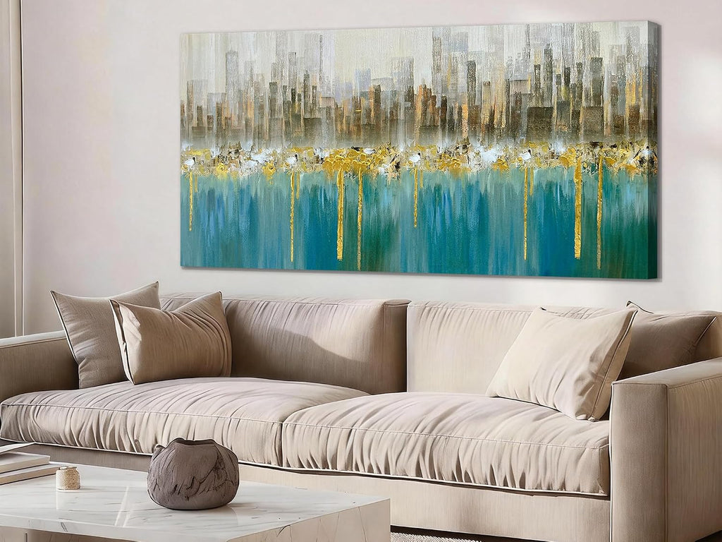 Ardemy Abstract Canvas Wall Art Large Teal and Gold Pictures Wall Decor Living Room Modern Textured Paintings Artwork for Walls Bedroom Dining Room Home Office, 58'x29'