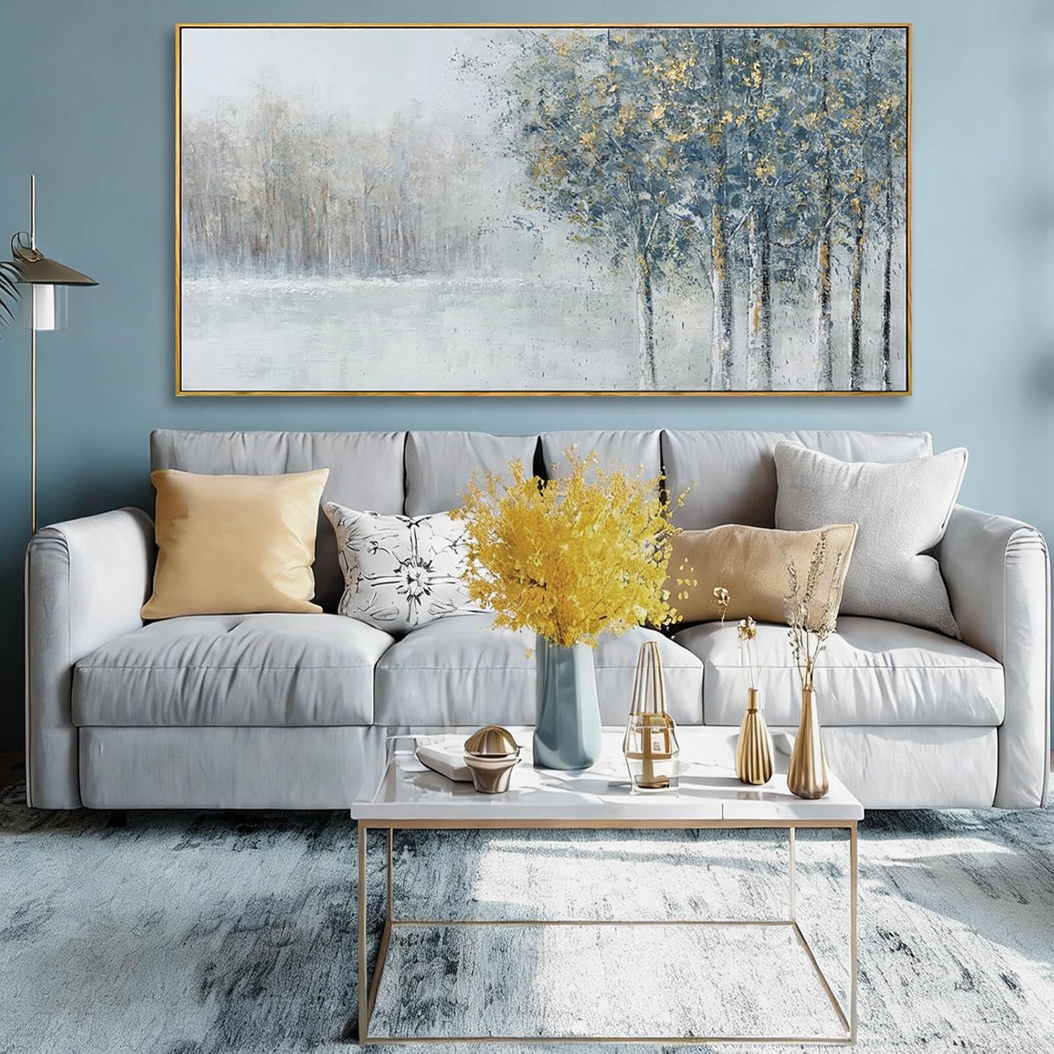 Grey Blue Tree of Life Wall Art 29x58 Inch, Large Framed Canvas Artwork with Wooden Frame, Pictures for Bedroom Wall Decor, Contemporary Forest Painting for Living Room or Hallway