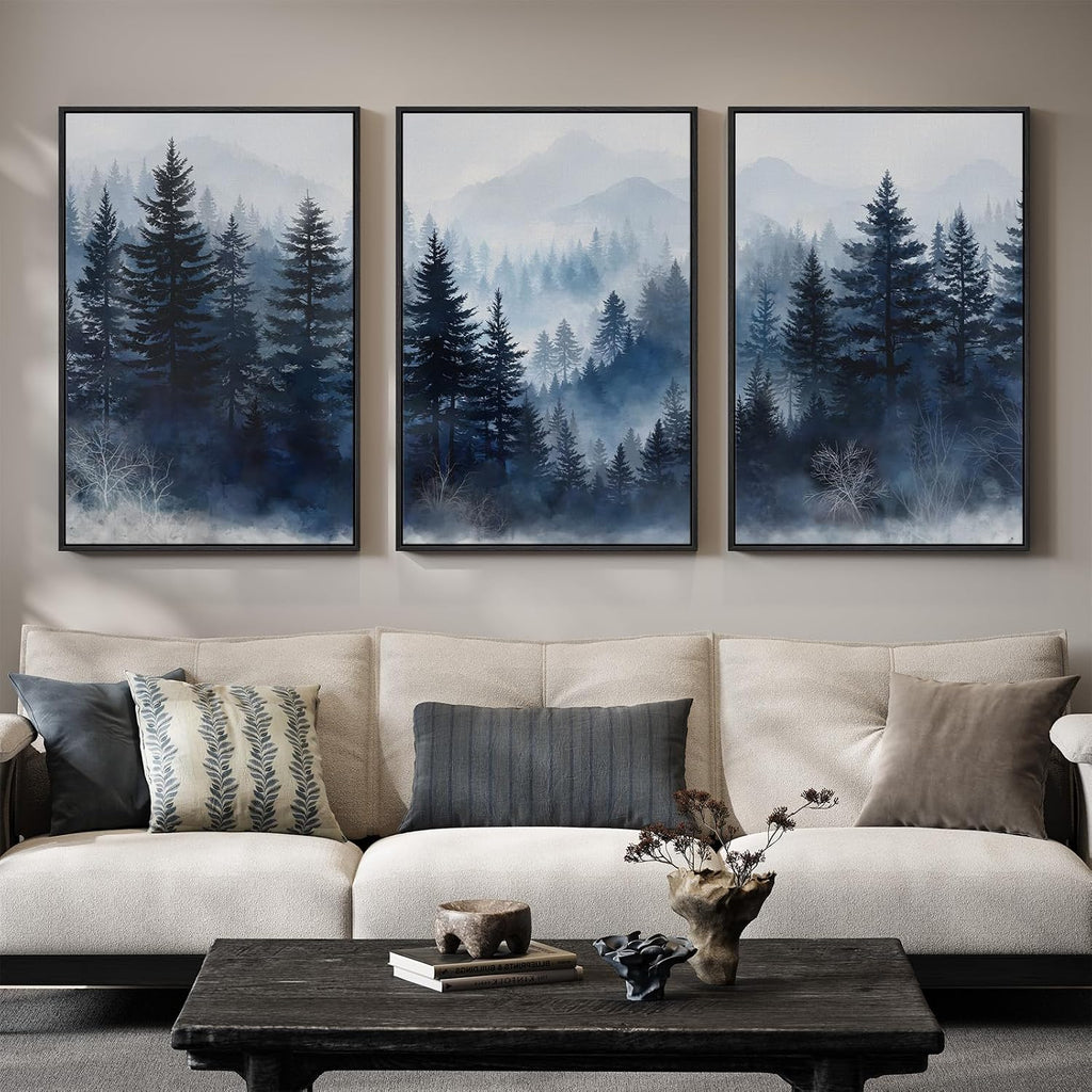 Framed Blue Forest Mountain Wall Art for Living Room, Misty Pine Tree Nature Landscape Canvas Artwork for Walls, Neutral Foggy Forest Scenic Painting Prints for Bedroom Office Wall Decor, 24x36 Inch