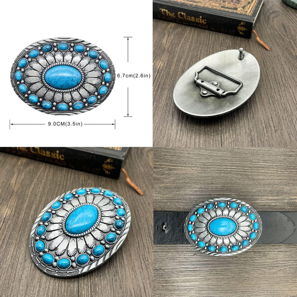 Men's Western Belt Buckle - Vintage Turquoise with Native American & Cowboy Elements