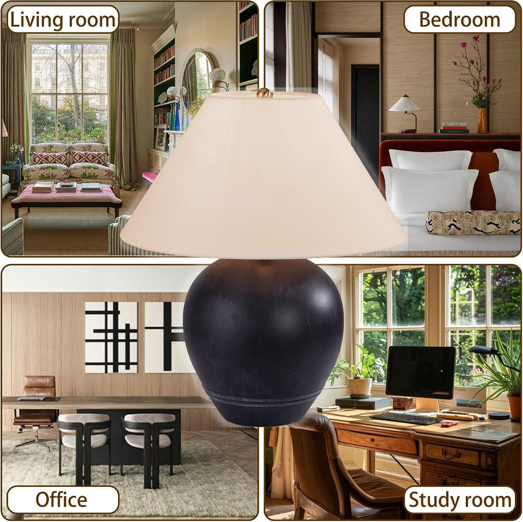 Farmhouse Ceramic Table Lamp Set of 2, 21' Rustic Table Lamp with Linen Shade, 3-Way Dimmable Bedside Nightstand Lamps for Bedroom, Living Room, E26 Socket, Black