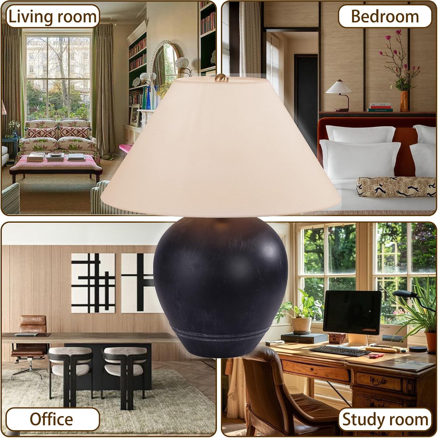 Farmhouse Ceramic Table Lamp Set of 2, 21' Rustic Table Lamp with Linen Shade, 3-Way Dimmable Bedside Nightstand Lamps for Bedroom, Living Room, E26 Socket, Black
