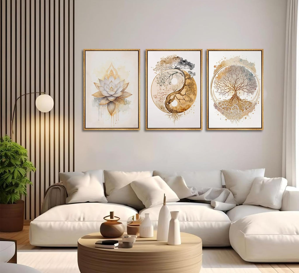 3pcs Framed Tree of Life Canvas Wall Art Gold Lotus Zen Painting Picture Wall Decor Abstract Yin Yang Poster Print Artwork for Living Room Yoga Room Hotel Bedroom Home Decoration Wood Color Framed