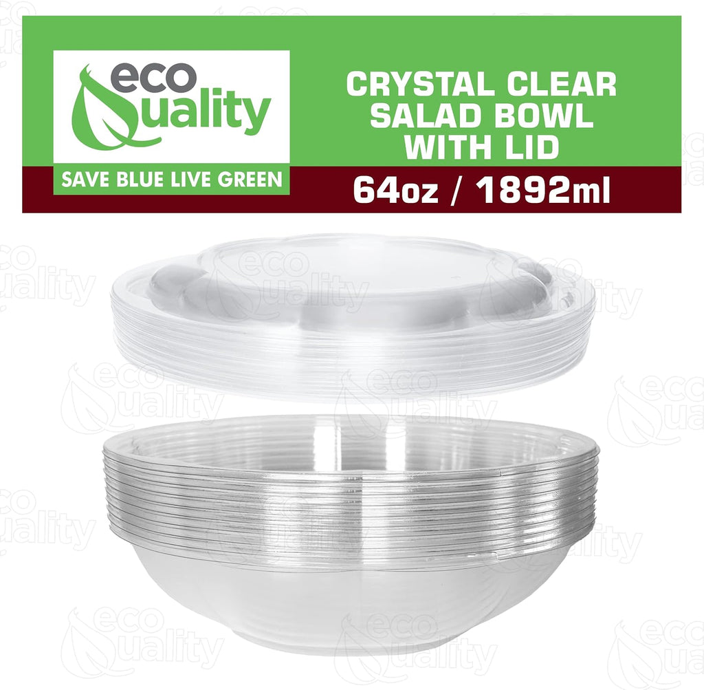 64oz Salad Bowls To-Go with Lids - Crystal Clear Plastic Disposable Wide Salad Containers | Airtight, Lunch, Salads, Parfait, Fruits, Leak Proof, Airtight, Fresh, Meal Prep | Rose Bowl Container (200)