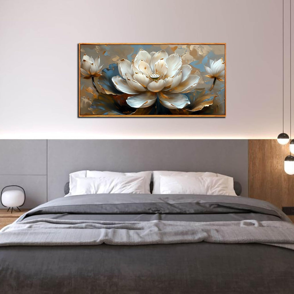 White Lotus Painting Wall Art for Living Room - Gold Flower Wall Decor for Office - Framed Wall Art for Bedroom Size 29' x 59'