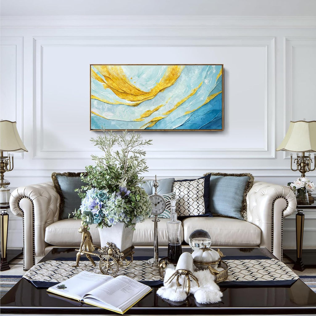 Nicetop Framed Abstract Wall Art for Living Room– Large Size Coastal Canvas Print Modern Picture Horizontal Blue and Gold Artwork with Wood Frame for Bedroom Home Office Aesthetic Decor 48x24 Inch