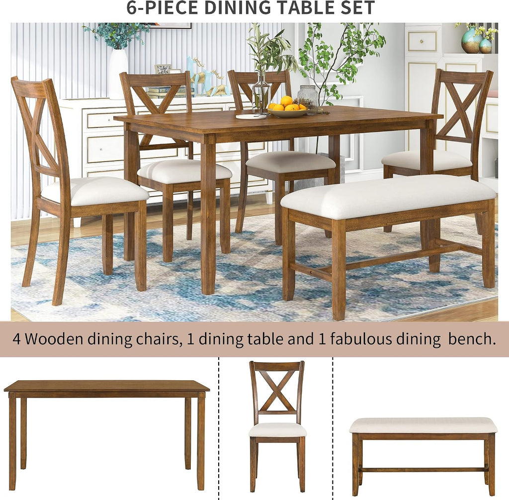 6-Piece Dining Room Table Set, Rustic Farmhouse Wood Dining Table Set with Rectangular Table 4 Upholstered Padded Chairs and 1 Padded Bench, Dining Set for Family of 4-6 People