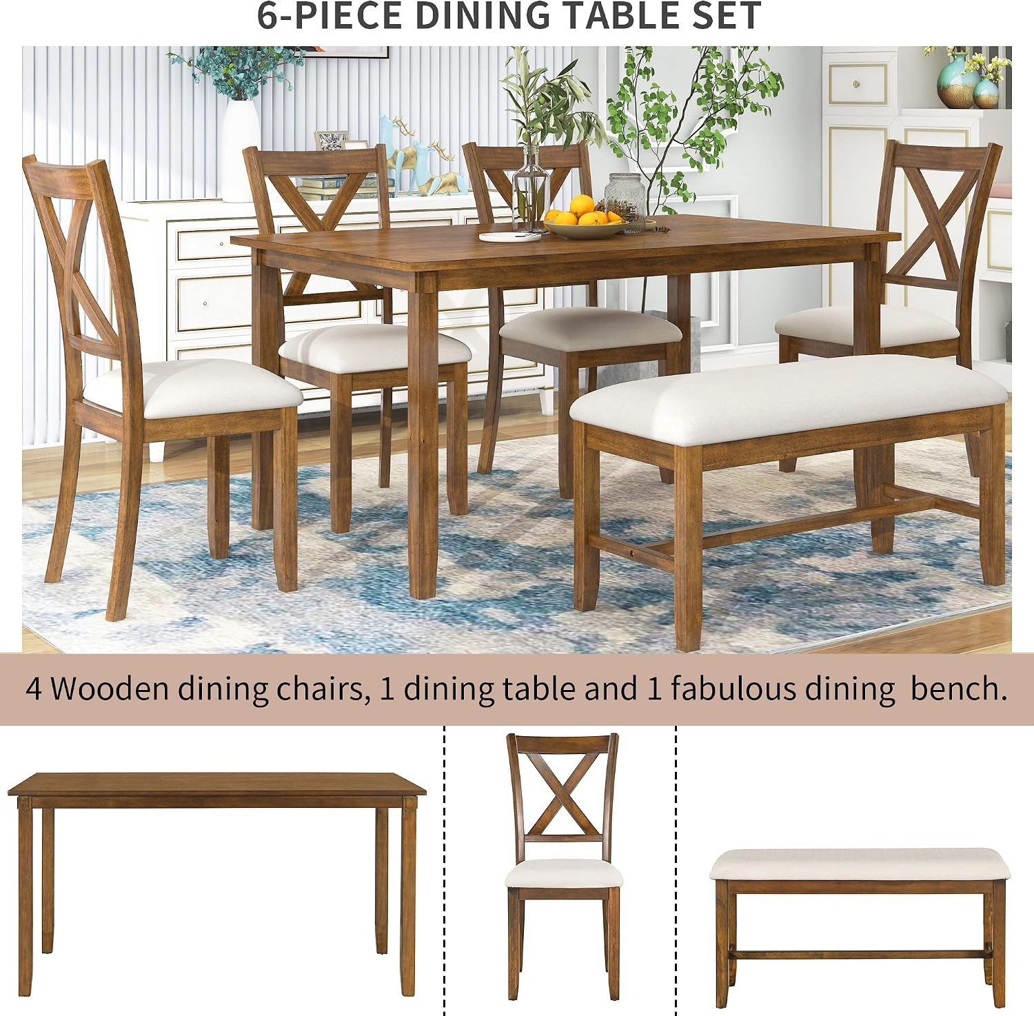 6-Piece Dining Room Table Set, Rustic Farmhouse Wood Dining Table Set with Rectangular Table 4 Upholstered Padded Chairs and 1 Padded Bench, Dining Set for Family of 4-6 People