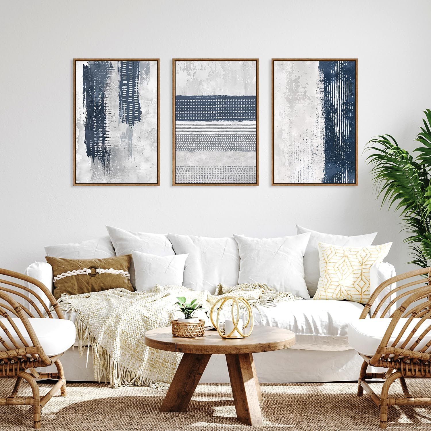 HLNIUC Navy Blue Abstract Framed Wall Art Set, Neutral Minimalist Canvas Wall Decor, Mid Century Modern Wall Painting, Grey Geometric Art Print for Living Room, Bedroom, Office - 24'x36'x3