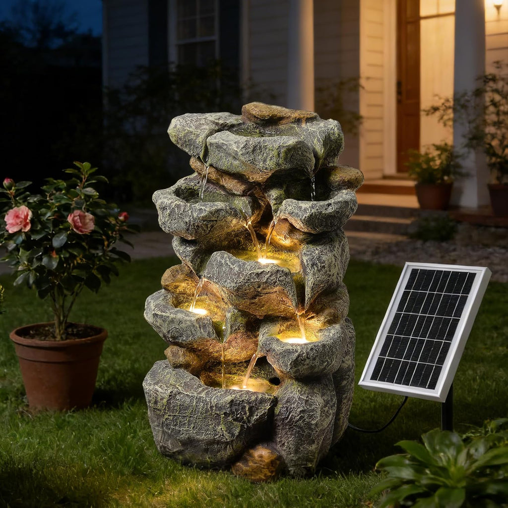 Solar Water Fountain Outdoor Garden,5 Tiered Cascading Rock Solar Powered Water Fountain Water Fall Fountains Outside with Lights for Backyard, Patio, Deck, Porch, 19.3' H x 12.2' L x 9.5' W