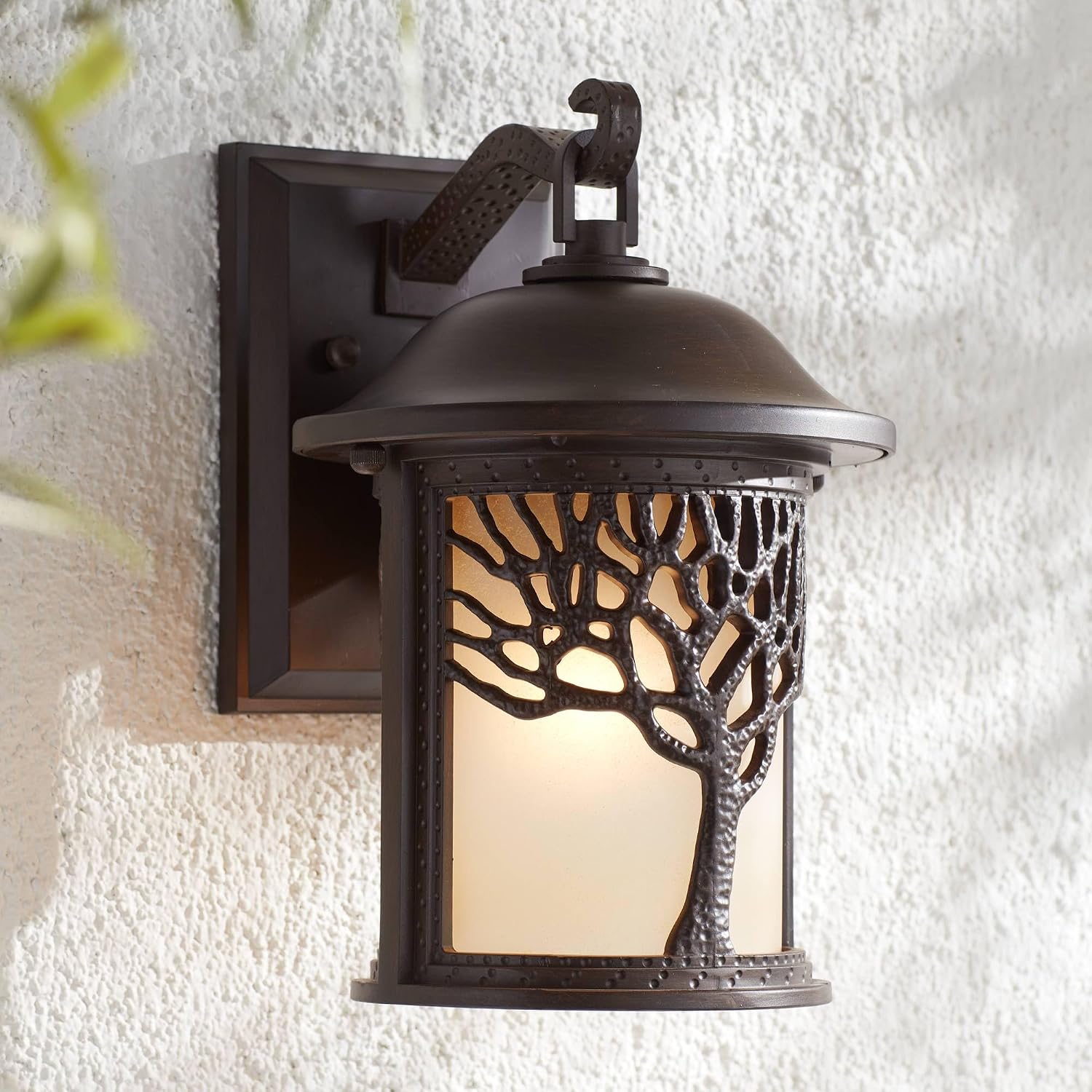 John Timberland Rustic Mission Outdoor Wall Light Sconce Fixture Bronze Tree Motif 12 1/4' Amber Glass Lantern Decor Exterior House Porch Patio Outside Deck Garage Yard Front Door Garden Home