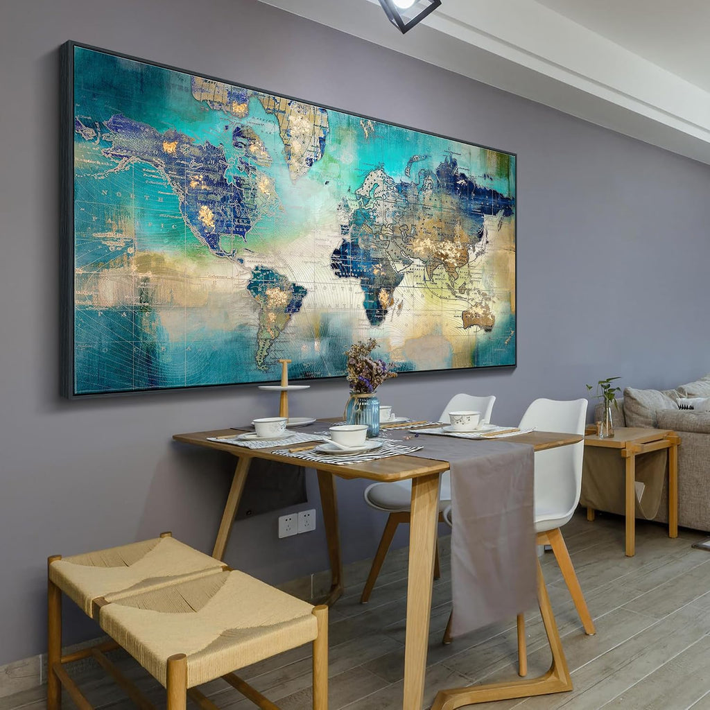 Pogusmavi World Map Wall Art for Living Room - Large Framed World Maps for Wall, Green Abstract Canvas Artwork for Walls, Modern Office Decor, Map Wall Art for Men (Black Framed) 29×58IN